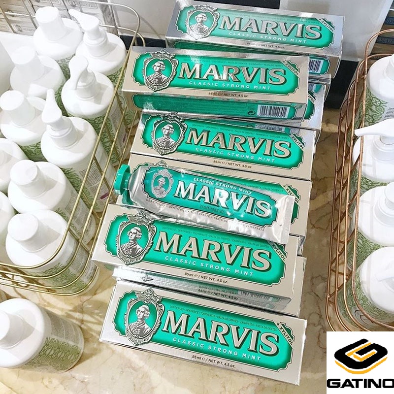 Thiết kế bao bì vỏ hộp của kem đánh răng Marvis chính hãng (bản màu xanh lá) 